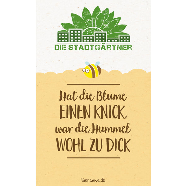 Illustration avec un logo vert du Stadtgarten, une abeille dessinée et le dicton « Si la fleur est courbée, le bourdon était probablement trop gros » sur un fond jaune.