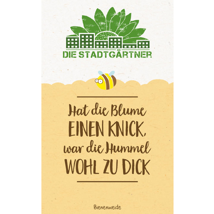 Illustration avec un logo vert du Stadtgarten, une abeille dessinée et le dicton « Si la fleur est courbée, le bourdon était probablement trop gros » sur un fond jaune.