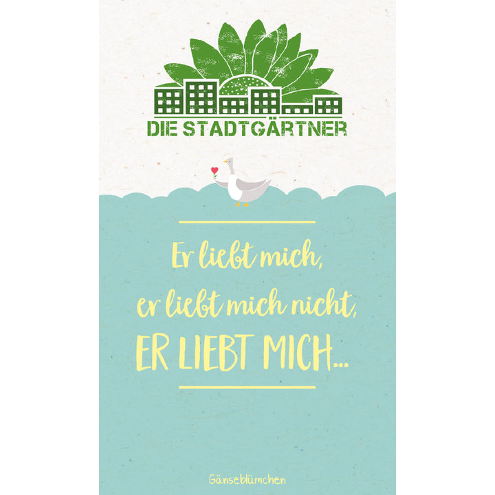 Illustration d'une affiche avec le texte « Les Jardiniers de la Ville. Il m'aime, il ne m'aime pas, IL M'AIME... » et l'image d'une oie tenant un pétale de fleur.
