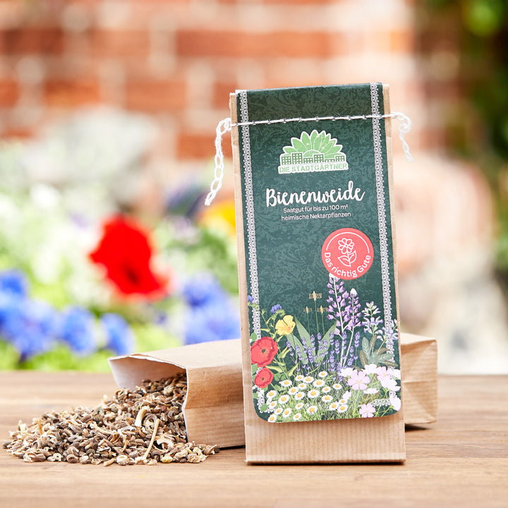 Sac de graines pour prairie d'abeilles avec graines de fleurs sur un fond de jardin flou.