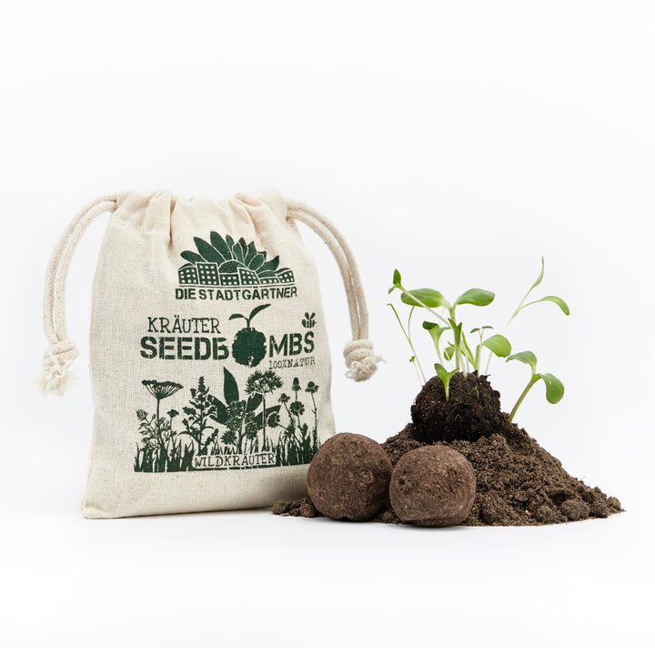 Petit sac étiqueté « Die Stadtgärtner Kräuter Seedbombs 100% Natur » à côté d'un tas de terre avec de jeunes plantes et des bombes à graines.