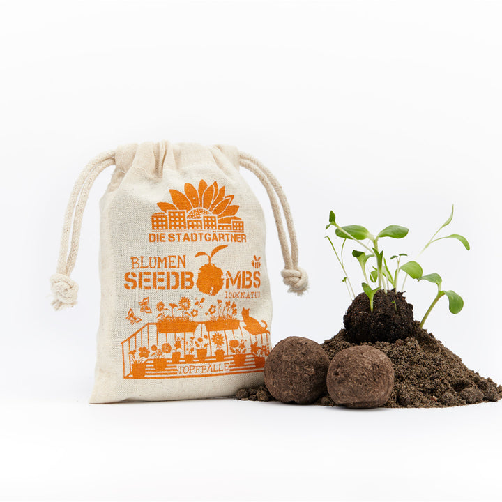 Sac en tissu avec l'inscription "DIE STADTGÄRTNER BLUMEN SEEDBOMBS 100% NATUR" et à côté des plantes en germination sur un monticule de terre avec deux bombes à graines.