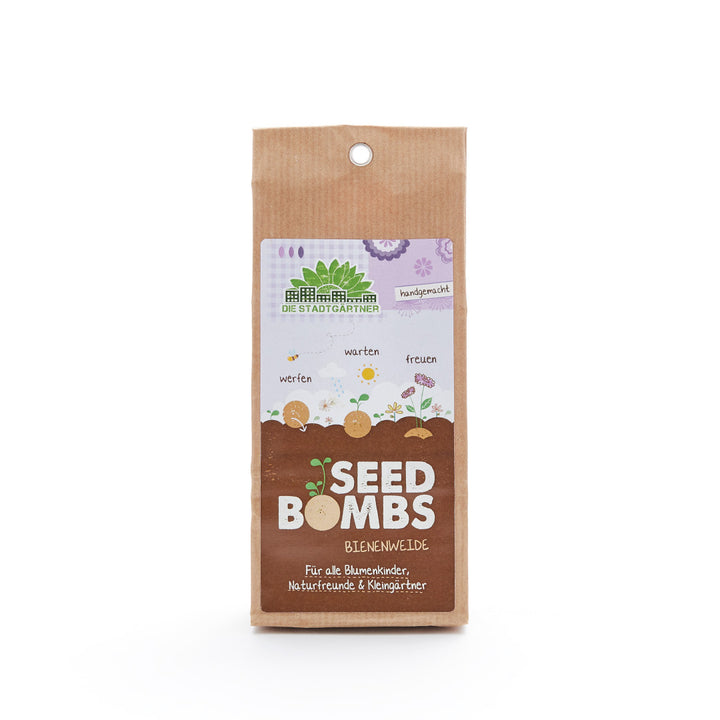Emballage brun de « Seed Bombs Bee Pasture » avec illustrations et instructions pour semer les graines.