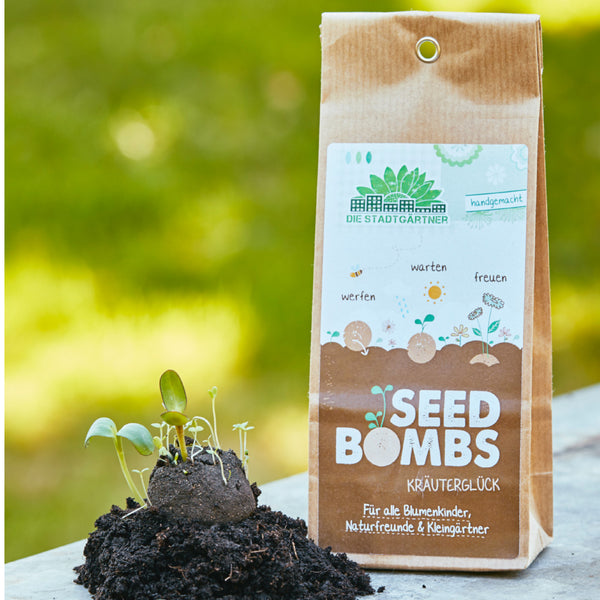 Emballage de Seed Bomb avec des semis sur terre au premier plan et un arrière-plan vert flou.