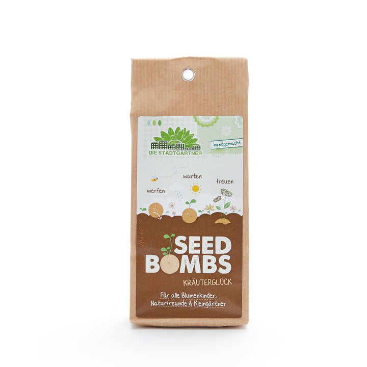 Emballage de "Seed Bombs Herbal Happiness" de Die Stadtgärtner, pour les enfants des fleurs et les amoureux de la nature.