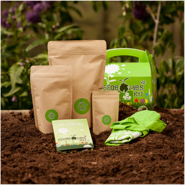 Kit de jardinage avec bombes à graines, emballage et instructions sur le sol, avec des plantes en arrière-plan.