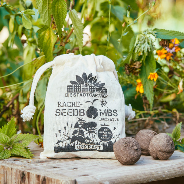 Sac en tissu avec l'inscription « The City Gardeners Seedbombs » à côté de trois bombes à graines sur une planche en bois, entourée de verdure.