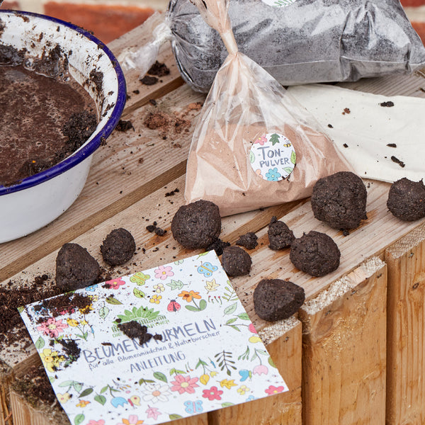Matériel et instructions pour les bombes de graines de fleurs sur une table en bois, entourée de terre et de poudre d'argile.
