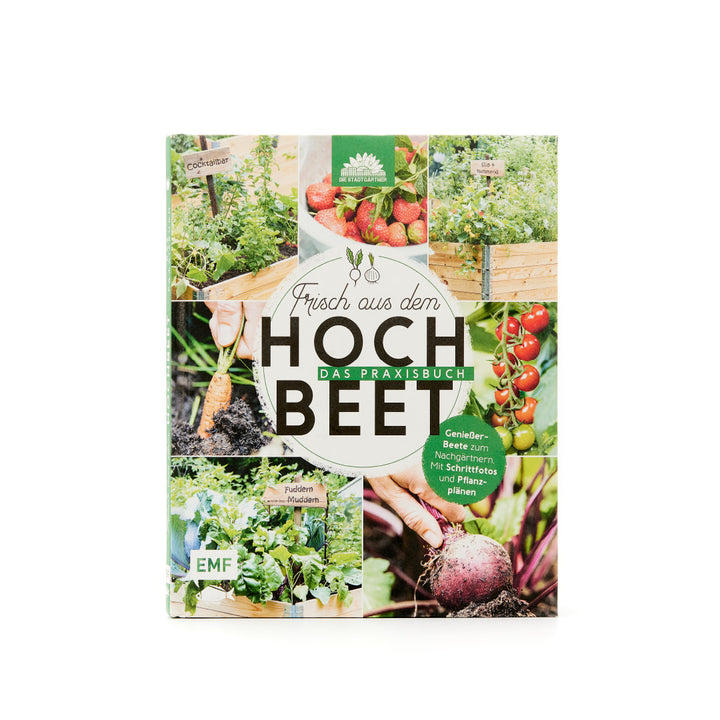 Livre de jardinage intitulé « Fresh from the Raised Bed - The Practical Guide » avec des photos de plates-bandes de légumes, de fraises et de jardinage.