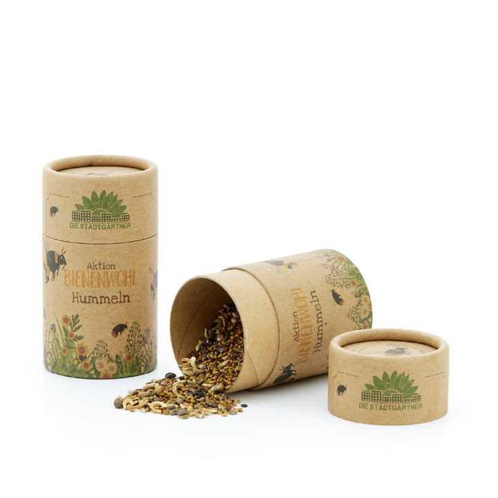 Deux cylindres en carton portant l'inscription « Aktion BIENENWOHL Bumblebees » et des graines dispersées