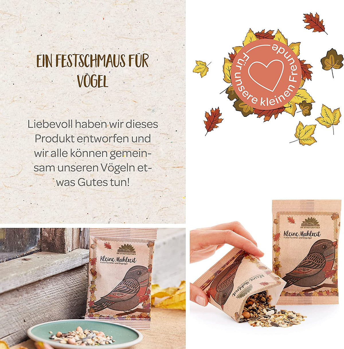 Un paquet de nourriture pour oiseaux au design festif avec l'inscription « Petit Repas » et un merle illustré, à côté des bols de nourriture pour oiseaux, des feuilles d'automne et un cœur avec le texte « Pour nos petits amis ».