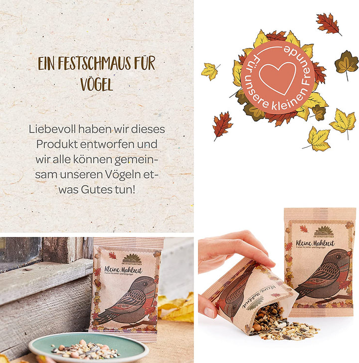 Un paquet de nourriture pour oiseaux au design festif avec l'inscription « Petit Repas » et un merle illustré, à côté des bols de nourriture pour oiseaux, des feuilles d'automne et un cœur avec le texte « Pour nos petits amis ».