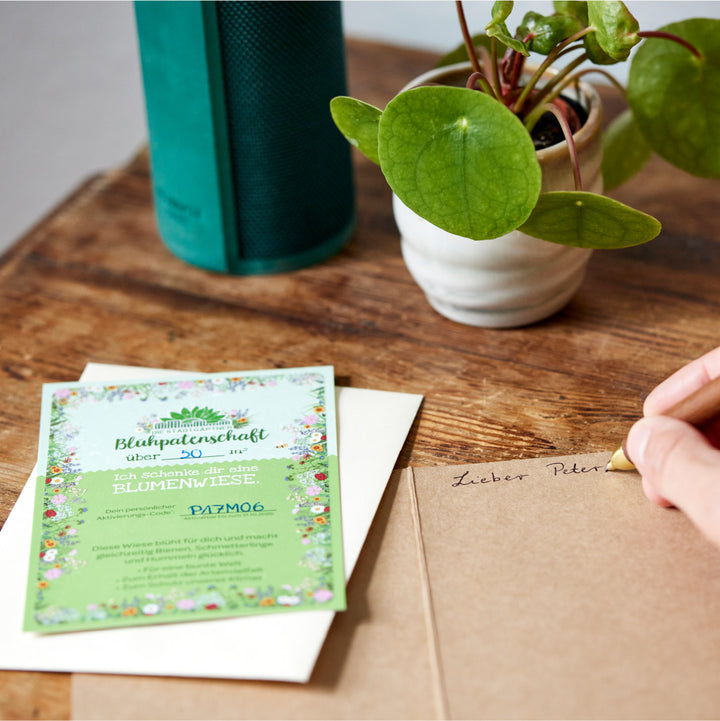 Une main écrit sur une enveloppe à côté d'une carte-cadeau concernant le parrainage de fleurs et une plante sur une table en bois"