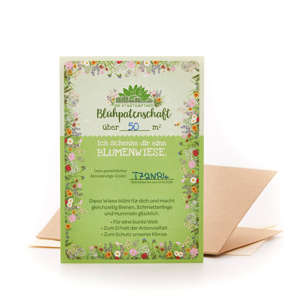 Certificat de parrainage de fleurs de "Die Stadtgärtner" pour une prairie fleurie de 50 mètres carrés avec code d'activation et design naturel.