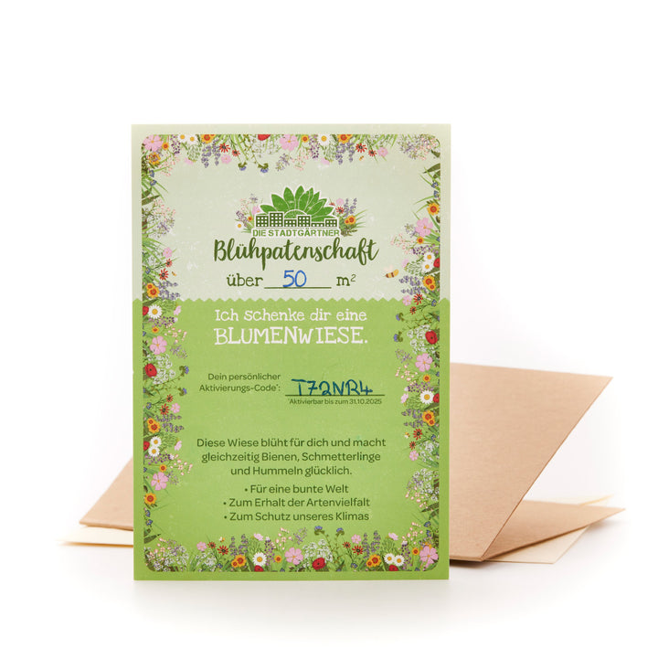 Certificat de parrainage de fleurs de "Die Stadtgärtner" pour une prairie fleurie de 50 mètres carrés avec code d'activation et design naturel.