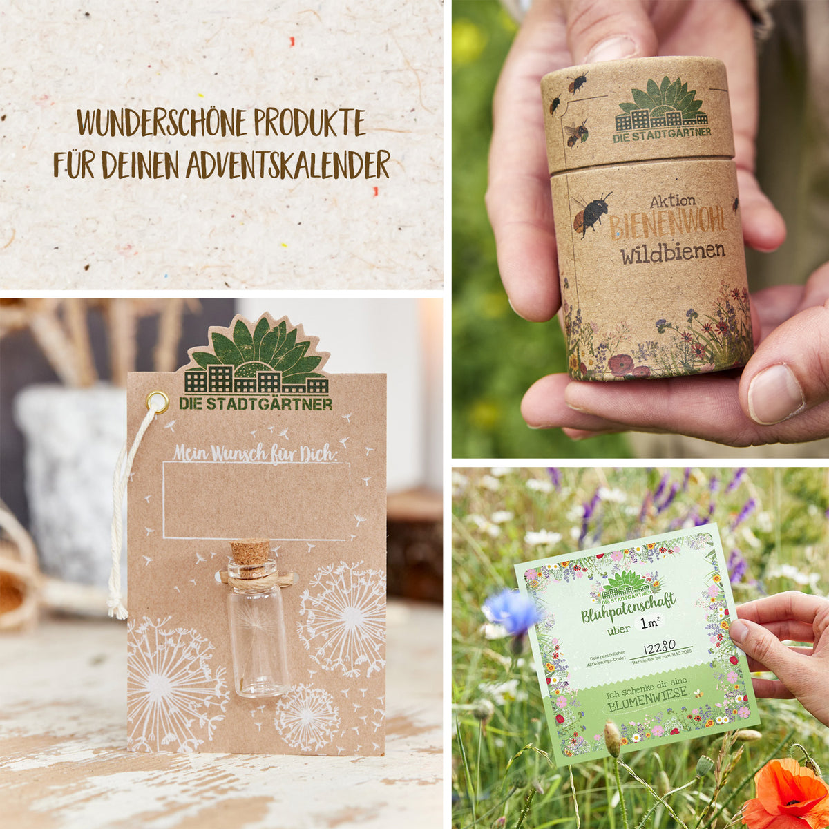 « Collage de produits écologiques, comprenant une carte, des sachets de graines et un porte-bonheur, avec des textes en allemand sur la durabilité et la nature. »