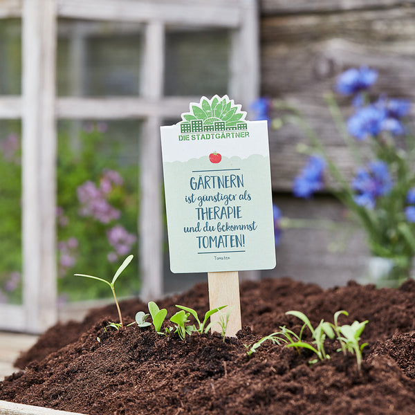 Panneau de jardin avec l'inscription "Le jardinage est moins cher que la thérapie et vous obtenez des TOMATES !", entouré de terre et de jeunes plants.