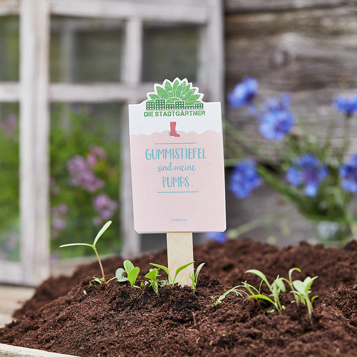 Un panneau sur lequel on peut lire « Les bottes en caoutchouc sont mes chaussures » est planté dans un parterre de jeunes plantes ; un arrière-plan flou de fleurs.