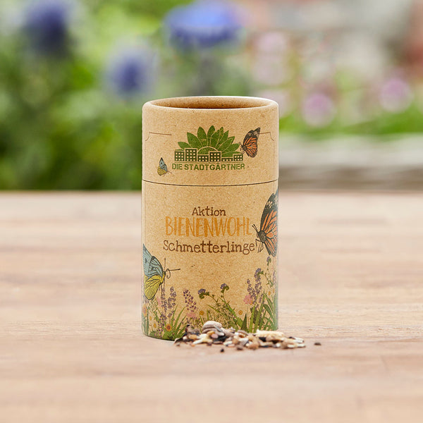 Mélange de graines pour papillons dans un tube en carton avec des motifs de fleurs et de papillons sur une table en bois avec un fond vert flou.