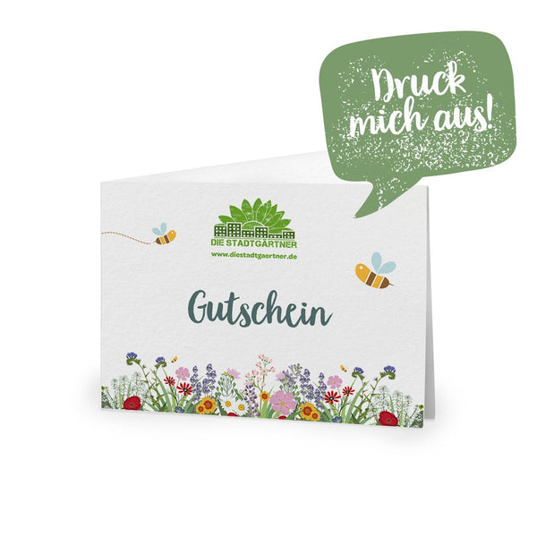 Carte de bon d'achat avec un motif floral et l'inscription "Imprimez-moi !", le logo des jardiniers de la ville et le site Web.