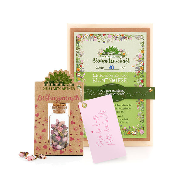 Coffret cadeau Prairie fleurie avec graines dans une bouteille en verre, carte et code d'activation.