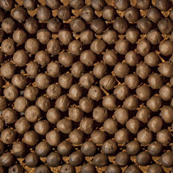 Gros plan de grains de poivre noir disposés régulièrement.