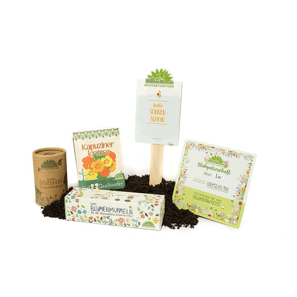 Produits de jardinage comprenant des sachets de graines, des étiquettes de plantes et des pots biodégradables sur fond blanc.