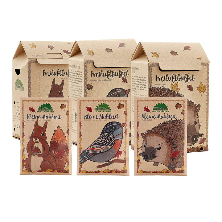 Emballage pour aliments destinés à la faune sauvage comportant des images d'un écureuil, d'un oiseau et d'un hérisson.